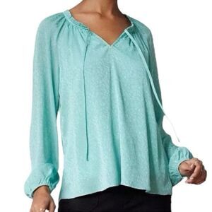 LC Lauren Conrad Satin Green Floral Balloon Sleeve Peasant Blouse Top Plus Sz 1x